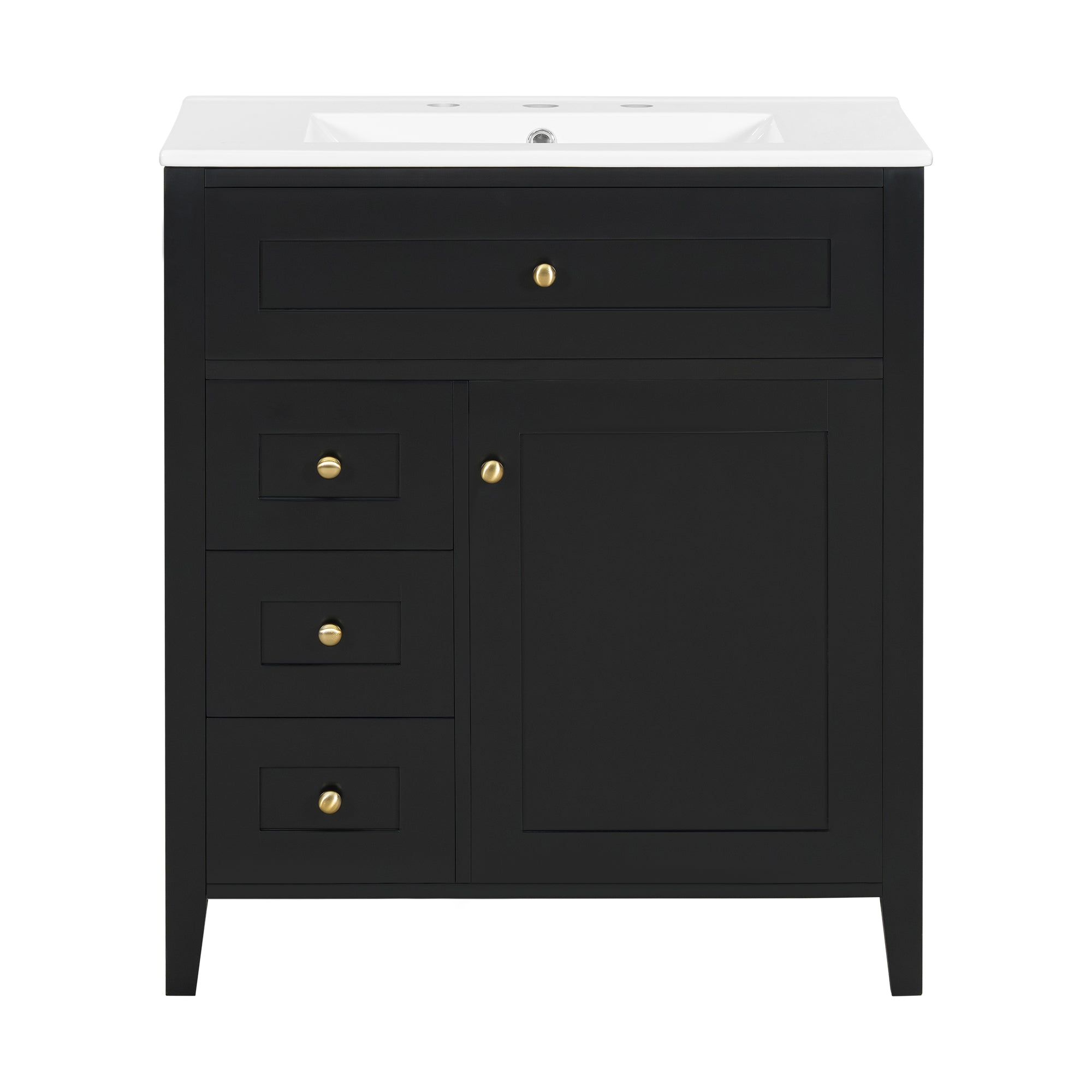 VanityFus 30-in Black Bathroom Vanity Single Sink Combo Ceramic Top 1 door 4 drawers Adjustable Shelves